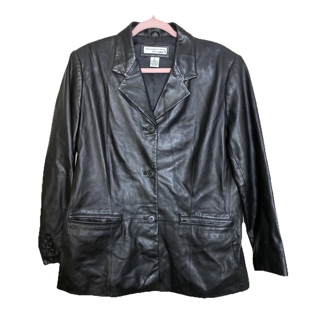Preston & York Jacket‎ Black Lambskin Leather Collared Buttons Pockets Lined PL
